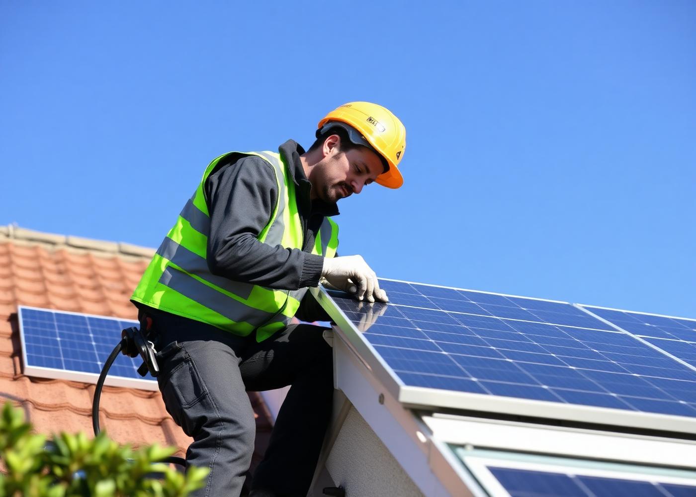 Solar panel installer working on a UK home roof